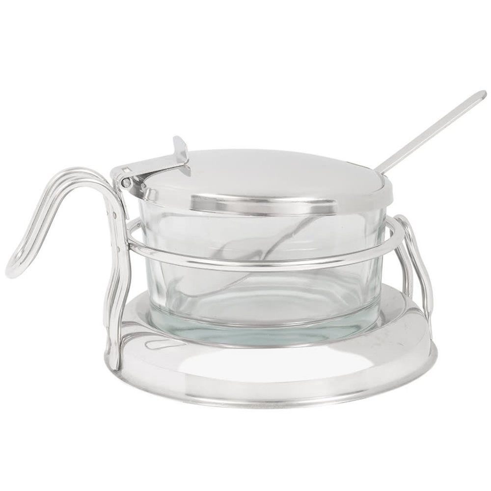 Stella Condiment Jar Set, 6 oz., Stainless Steel Cover and Spoon, Glass